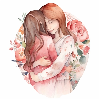 Mother hugging her little daughter, watercolor clipart, hearts, floral, white background