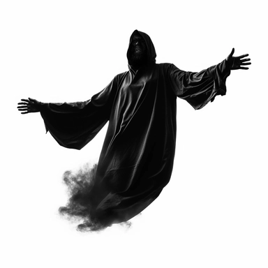DEATH APPARENT IN BLACK CLOTHES WITHOUT A FACE FLYING WITH NO HUMAN BODY SCARY CLIPART ON A WHITE BACKGROUND