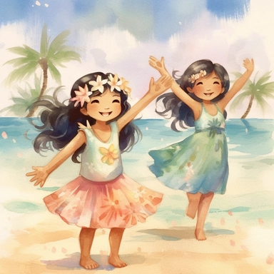 watercolour, beautiful soft colours, tropical island setting, showcase an adorable little Hawaiian girl doing the hula on the beach with her family, she feeling is happy, celebration, they are all wearing flowers in their hair, beautiful clipart style