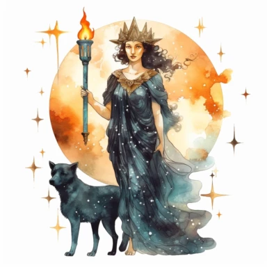 Mhytologic style beautiful impressive trimorphis Hecate goddess holding a big torch with watercolor effect,two black dog,suitable for digital clipart,white background,many twinkles,ancient greek mhytology scene,detailed features ,many twinkles , dark scene