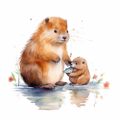 cute beaver with its baby beaver clipart watercolor, white backgorund