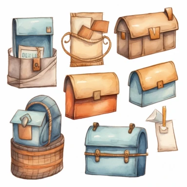 Watercolor cute mail clipart. brown blue beige white background