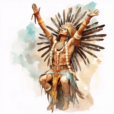 clipart, detailed watercolor, Maya Indian praying to god raising his hands to the sky, national costume, full length including legs, photorealistic 3D