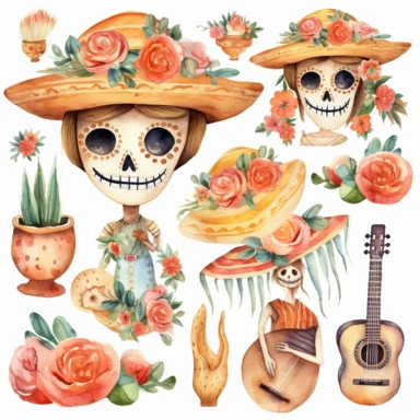 Watercolor cinco de mayo decorations, illustrations clipart set, simple, soft colors, cartoon elements, different variants, mexican hat, sugar skulls, rose, little boy, little girl separate elements with a margin