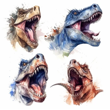 aggressive dinosaurs, clipart set on white background, watercolor