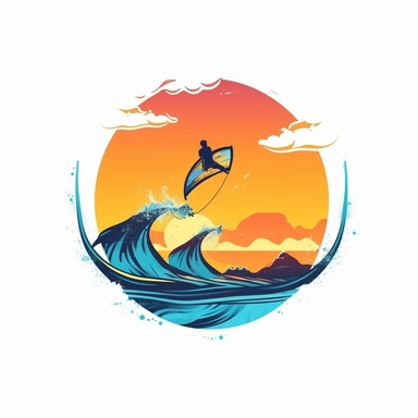 create a flat logo of a kitesurfering in action against a vibrant sunset backdrop and amazing blue waves, capturing the adventurous spirit and the beauty of the merging sports. realistic proportions, vibrant vector, clipart, illustration, realism, 4k, cinematic, front view, white background,