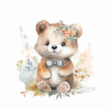 watercolor spring baby bear woodland creature on white backgroung, nursery decor, baby shower clip art, cute and whimsical design