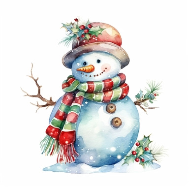 Christmas snowman watercolor clipart, stick for arms, no background