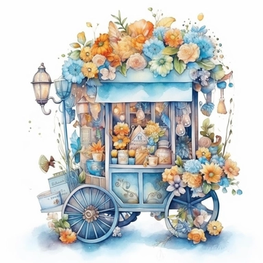 free watercolor and flower cart clipart, free png files, in the style of claudia tremblay, candycore, light azure and bronze, uhd image, caffenol developing, kris kuksi, toyen