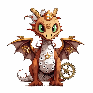 friendly dragon with cute eyes, standing up, in the style of steampunk, clipart, white background, lots of cogs,