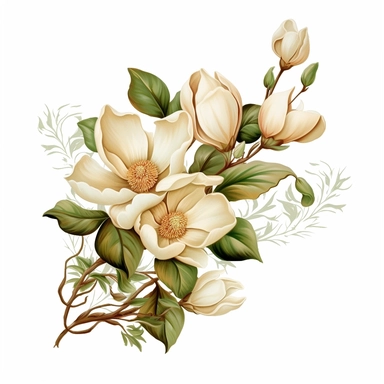 clipart, isolated boquet of magnolia flower and delicate vines