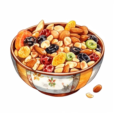 a delightful watercolor, hyper-realistic clipart image with a white background and white margins, showcasing a bowl of mixed nut trail mix with dried fruits and chocolate chips. The ultra-detailed, hand-drawn elements capture the variety of shapes, colors, and textures in the trail mix. Use whimsical touches to add a touch of adventure, and bold shades of various colors to evoke the energy and nourishment found in these portable and delicious snacks