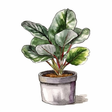 single houseplant in pot, watercolor clipart, beautiful houseplant , landscape art, scrapbook, black contour around the leaves,