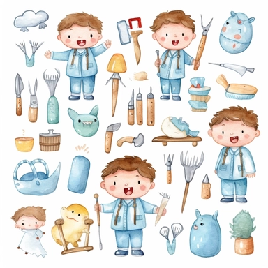 Cute kawaii dentist, repairman tools, watercolor white background clipart set single elements with margin