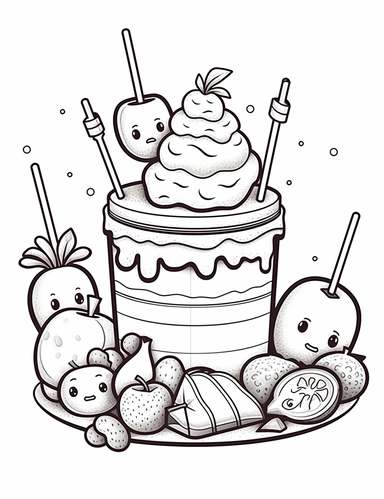Visualize a kawaii fruit kebab, with cute fruit pieces skewered together. Use a variety to make it look appetizing and healthy! For Simple Coloring page,Big eyes,line art, thick lines, black and white,clipart, illustration, on white background,Detailed,Details