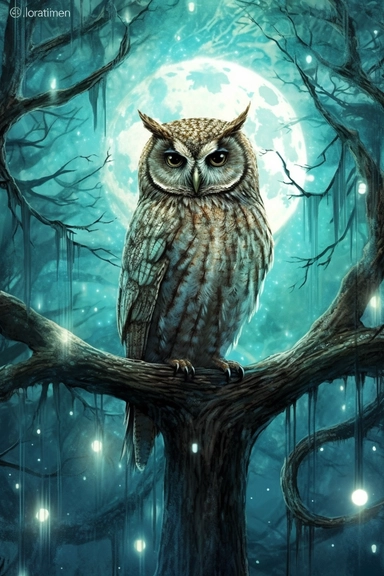 clipart, tarot card, high quality, fantasy forest, owl, full moon, light brown, turquoise, white, glitter, galaxy