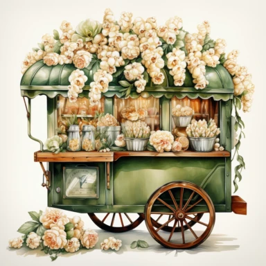 A realistic high detailed watercolor wedding popcorn machine, pastel colors, in the style of digital print, clipart, illustration, sticker, ultra high definition, rich details, 32K, HD