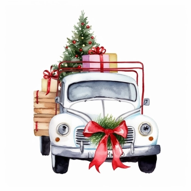 white Christmas Truck clipart Decoration on white background, watercolor bright high resolution