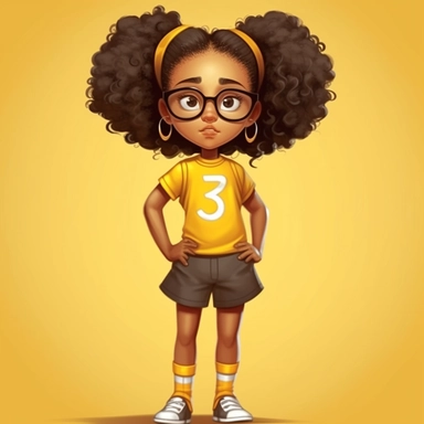 a cartoon shy, 9 year old girl with beautiful curly afro hair in two ponytails, glasses and a yellow dress with white socks and black shoes, in the style of afro-american influence with dark melanin skin tone, realistic color palette, studio portrait, bol