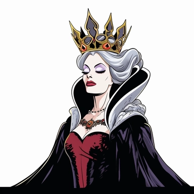 2d partially lined clipart illustration of an evil but beautiful queen, in the style of 1959's sleeping beauty movie, white background