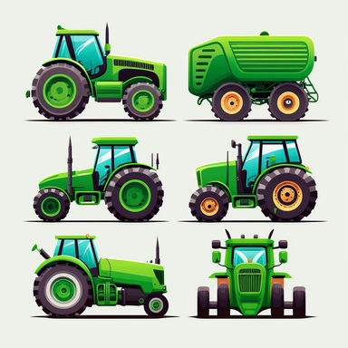 cute colourful vibrant green farm tractor vehicles, each side profile view front view, rounded edges, rounded corners, detailed vector clean illustration, clipart, svg, white background