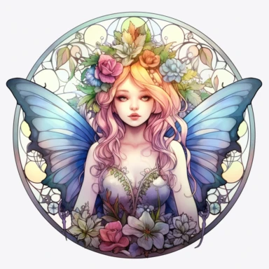 A cute watercolor stained glass fairy portrait with butterfly,dynamic pose, flower shaped stained glass mandala, glowing magical plants, featuring intricate lace details and delicate fairy wings, , her graceful silhouette captures the timeless beauty of Fairy style. Clipart, watercolor, white background, intricate detail, hyper realistic, unreal engine cinematic smooth, 8k high quality