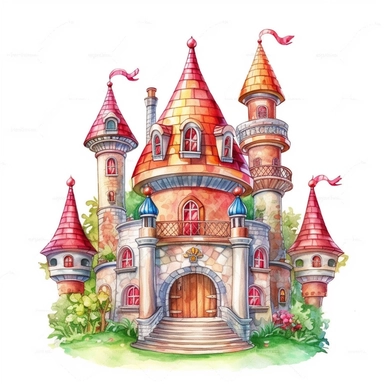 watercolor clipart of a fairytale magic castle, colored pencil drawing, isometric, whimsical, isolated white background, rendered in 26k