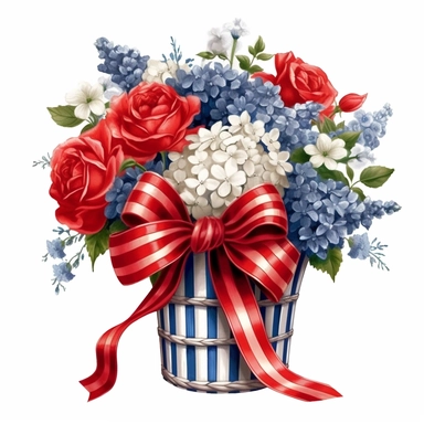 Red and blue and white flower basket clipart, red ribbons, high detailed, realistic detail, illustration style, high solution, on the white background
