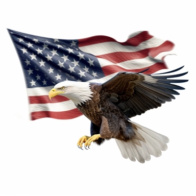 american bald eagle flying, large american flag in the background, clipart, white background