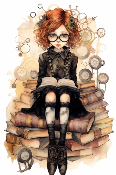 watercolor mixed media goth steampunk girl entire body reading, illustration clipart by holly hobbie