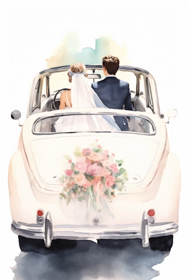 realistic watercolor drawing of bride wearing veil and groom leaving wedding in a car clipart, view of the back, in style of Michiel van Huysum, subtle faded color variations, hyper-detailed hd clipart, on white background, spaced out