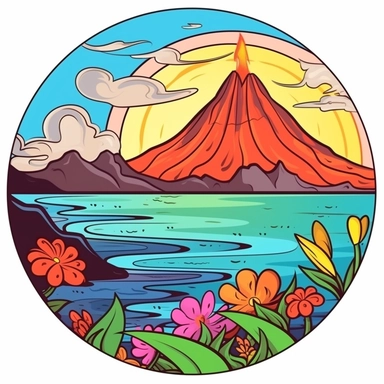 Sticker, clipart, bright colors, Brush painted volcano with tulip flower inside and coastline beneath ,contour, vector, white background, white outline, circle frame.