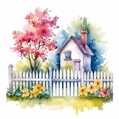 clipart, isolated on white background, beautiful cute Watercolor Spring Cottage - cute little house with fence and chimney, tree and flowers, ornated, vivid and saturated colors