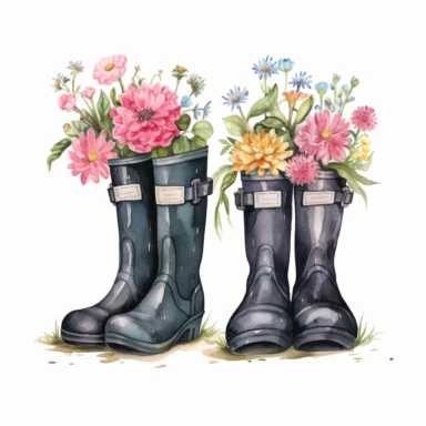 watercolor, Flowers in rubber wellies set. Floral branches, plants with gentle blooms, and leaves in gum boots. Gumboots with delicate summer bouquets png Full body realistic cartoon in 32K UHD cute. 15 cm thick outline. Black color. There was no shadow on the ground. 8k with realistic watercolors and detailed illustrations. PNG clipart, transparent white background