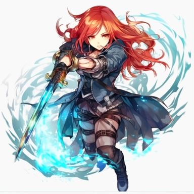 an anime character with red hair and blue flames, transparent background png clipart,anime,a city,a person with red hair and black clothes holding a sword in her hand,friends