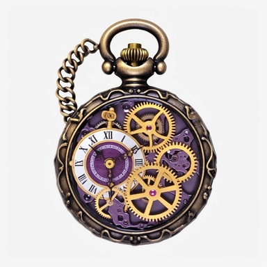 Steampunk pocket watch with a purple face and gold gears, watercolor, Steampunk, dark purple color theme, Detailed, clipart, sweet, png transparent background