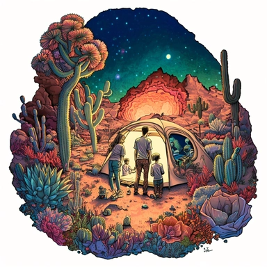 (perfect body figure) of a cute loving American family of 4, camping in a magical succulent GARDEN under starry night (a perfect close-up single-point-perspective view from the back) with its own habitats (flowers and plants) made into a natural-heart-shape, vintage in watercolor style clipart, use darker tones, higher saturation colors, Banksy artstyle with minimal effects, super creative watercolor, white background