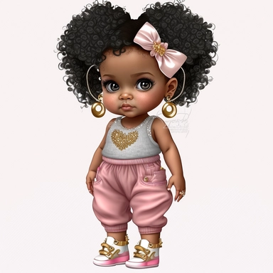 clipart, transparent background, 300dpi, baby diva girl standing, wearing baggy jeans, pink tank top, wearing really high gold high heels which are bigger than her feet, big pearl white necklace, curly hair, tied back, bow clip on hair, looking cute and chic