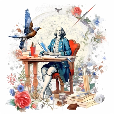 american theme clipart, independence day, in the style of dreamy watercolor scenes, detailed miniatures, free brushwork, pictorial fabrics, pattern, founding fathers sticker art style, patriotic american colors, white backround
