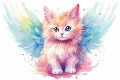 Adorable angel kitten, vivid colours, ornamental watercolor clipart, white background, I can’t believe how beautiful this is