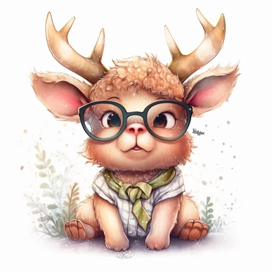 kawaii adorable fantasy baby elk wearing cute glasses, nursery art, clipart image, line art image, white background, inspired by yoshitaka amano art, very detailed, 8k
