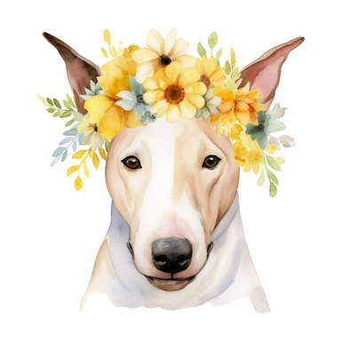 Elegant Bull Terrier posing with a flower crown, exuding a regal charm, white background, watercolor clipart