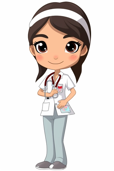 nurse cartoon girl wearing a stethoscope around her neck on a white background, dressed in medical scrubs, cute and happy, dreamy, high quality, miniaturecore, flower power, emotive gestures, kawaii, chibi, close up, in the style of naoko takeuchi, clip art, артур скижали-вейс, brown, prudence heward, comic art, animated gifs, dark bronze and dark aquamarine