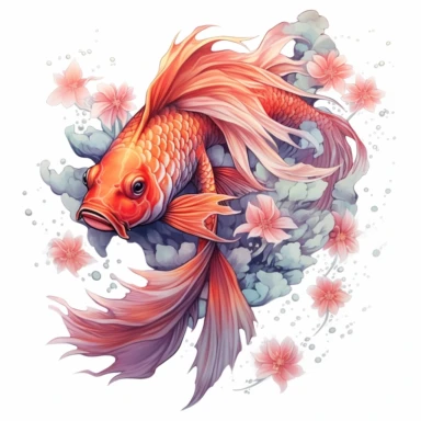 Gothic petals Koi Fish Clipart, Watercolor Cartoon, hyper realistic, intricate detail, illustration style, high resolution, on the white background