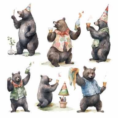 multiple poses characters of Black Bear enjoy with party in the garden, watercolor in medieval cartoon grunge style clipart on white background