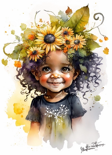 Cute little happy baby girl halloween witch with a flower hat on the head and with curly long hair and big eyes, watercolor by Thomas w. schaller, clipart, solid background, hd
