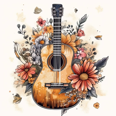 gorgeous acoustic guitar surrounded by gorgeous flowers graphic illustration clipart