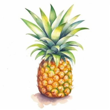 Create a colorful clipart of a pineapple with a plain, high-contrasted background in a gentle watercolor style. The pineapple should be depicted with a bold outline and filled with a range of golden yellows and rich greens, capturing the texture and asymmetrical shape of the fruit. Add a subtle watercolor wash to the background in a complementary color to make the pineapple pop. The final result should be a charming and playful piece that's perfect for use in a variety of projects, from branding