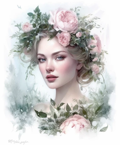 isolated on white illustration watercolor art of a portrait of beautiful feminine princess, overgrown with white and light pink roses and flowers, covered with snow and ice, a lot of moss and branches, lace and embroidery, trees, masterpiece by Tom Bagshaw style and by Hans Zatzka style and by James C. Christensen style and by Alexander Jansson style, Baroque fashion, PNG clipart, isolated on white, white background, extreme photorealistic details, 32k HD resolution, realistic high detailization