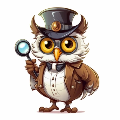 preppy owl with a large monocle glass magnifying the large eye, looking snooty and skeptical, anthropomorphic, model pose, anime style, clipart, white background